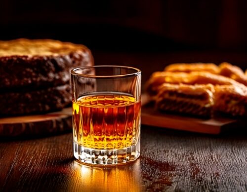 small glass of bourbon on a table with desserts